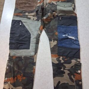 Legacy Edition 38x32 Camo Patchwork Moto Cargo Jeans Distressed Utility Pants